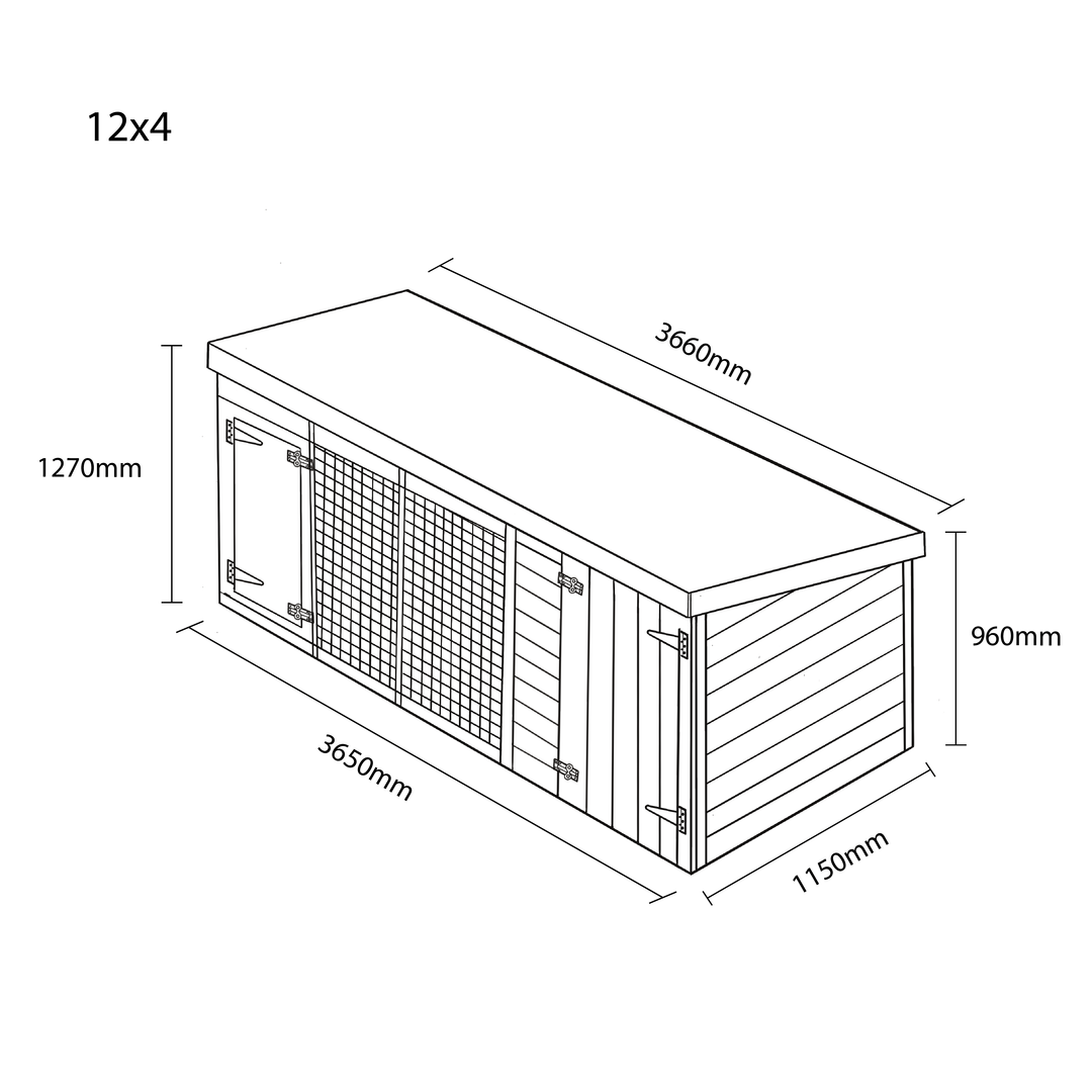 Benchmark Dog Kennel with Pent Roof - Single 12 x 4ft, Essential Wood Range - Kennel Company